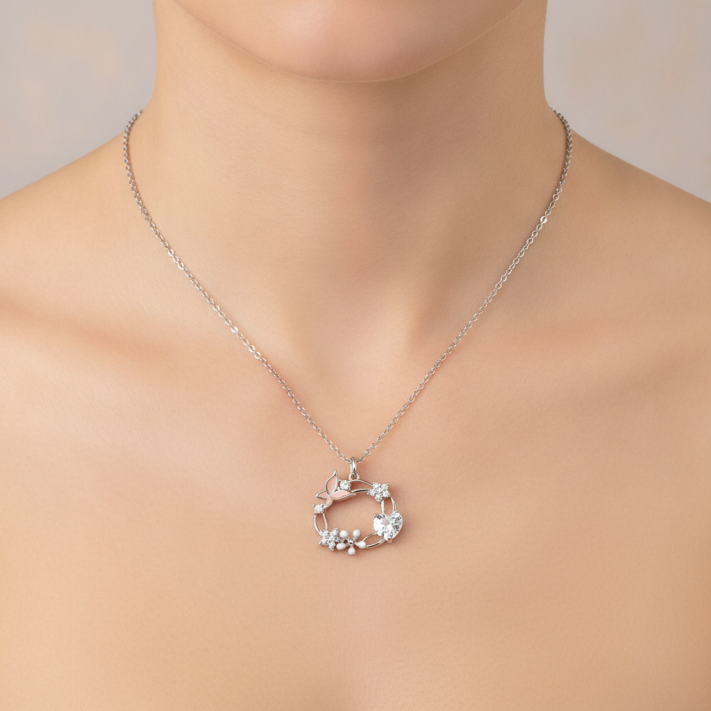 שרשרת כסף תליון עגול משולב בלב,פרח ,פרפר - on model